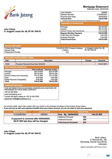Download Indonesia Bank Jateng mortgage statement Word and PDF template Photoshop template
